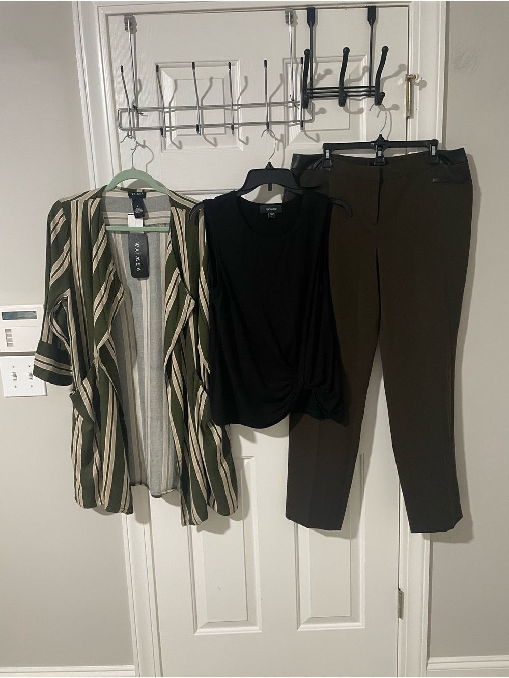 Olive Green 12 rafaella Pants L relaxed fit nwt Waimea cardigan Karen Kane top L